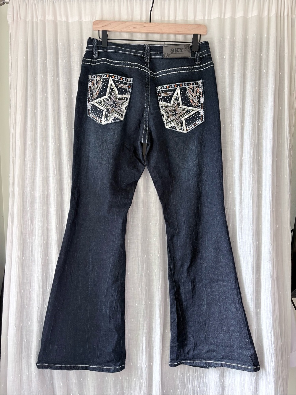 Y2K SKY Dark Blue Women's Flare Jeans with Embellished Star Pockets